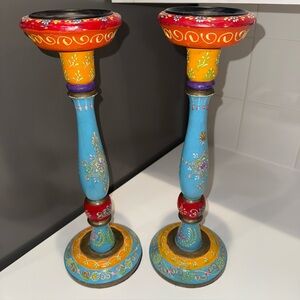 Hand-Painted Blue and Yellow Decorative Candle Holders - Set of 2